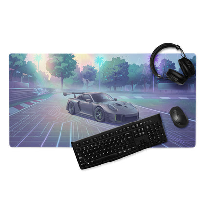 Porsche 911 GT3 R Inspired Silver Vaporwave Gaming Mouse Pad – Pastel Neon Racetrack Desk Mat with Tropical Trees and Futuristic Circuit Art