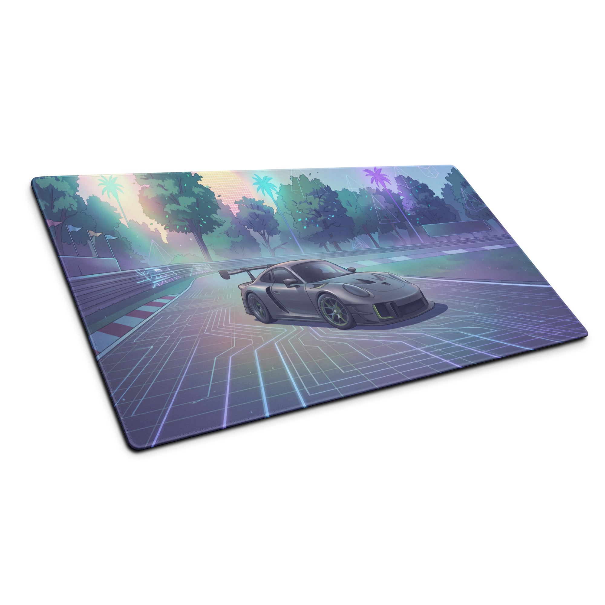 Porsche 911 GT3 R Inspired Silver Vaporwave Gaming Mouse Pad – Pastel Neon Racetrack Desk Mat with Tropical Trees and Futuristic Circuit Art
