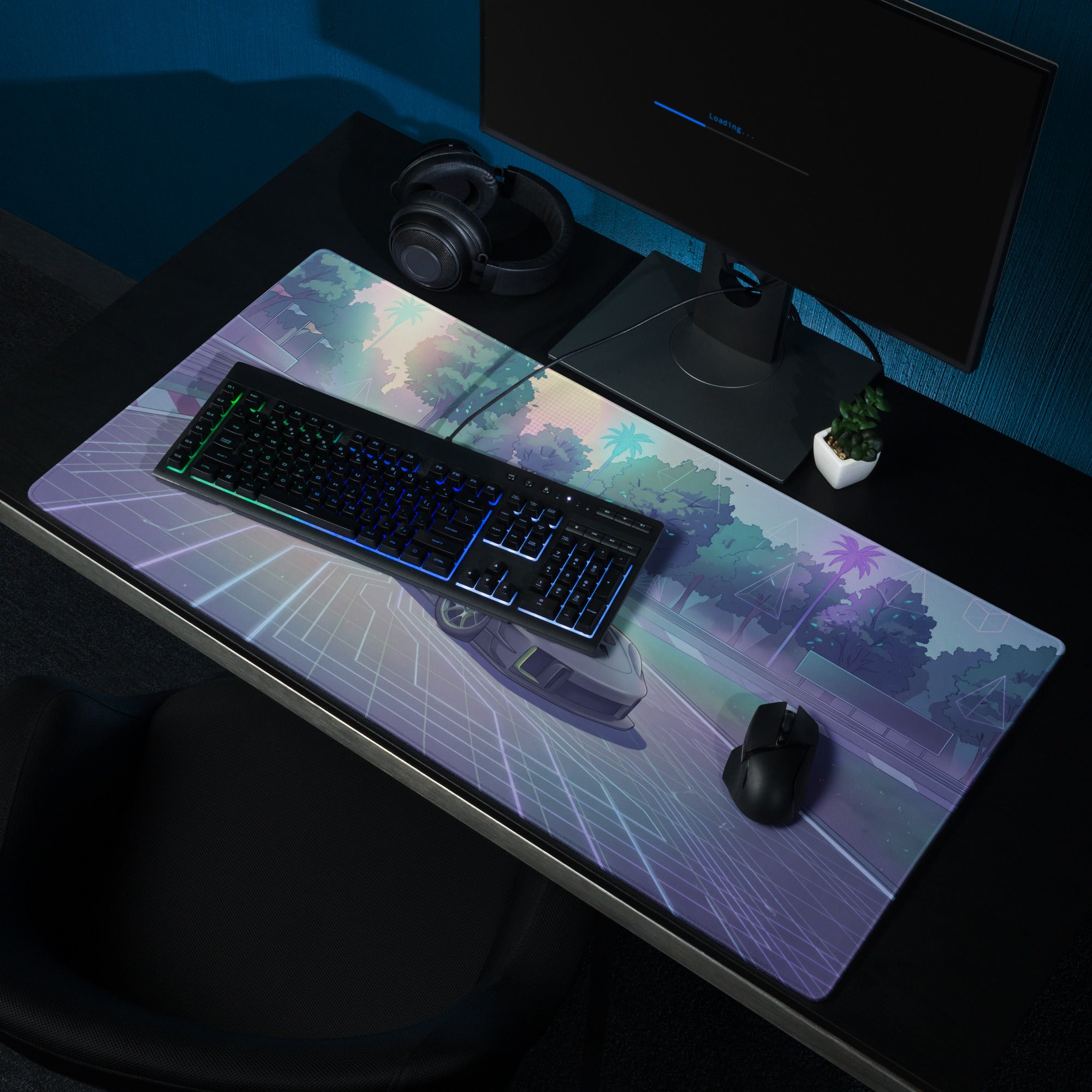 Porsche 911 GT3 R Inspired Silver Vaporwave Gaming Mouse Pad – Pastel Neon Racetrack Desk Mat with Tropical Trees and Futuristic Circuit Art