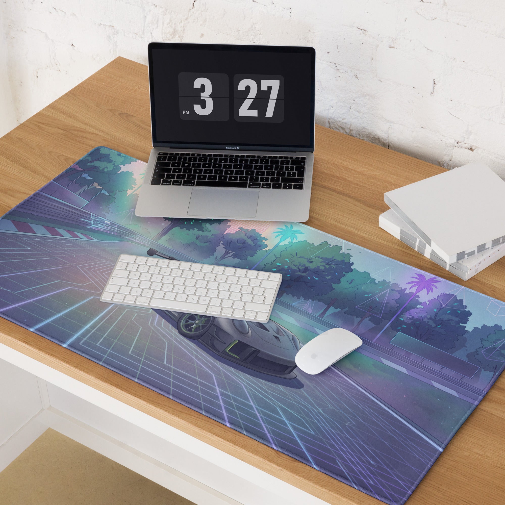 Porsche 911 GT3 R Inspired Silver Vaporwave Gaming Mouse Pad – Pastel Neon Racetrack Desk Mat with Tropical Trees and Futuristic Circuit Art