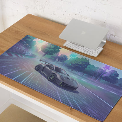Porsche 911 GT3 R Inspired Silver Vaporwave Gaming Mouse Pad – Pastel Neon Racetrack Desk Mat with Tropical Trees and Futuristic Circuit Art