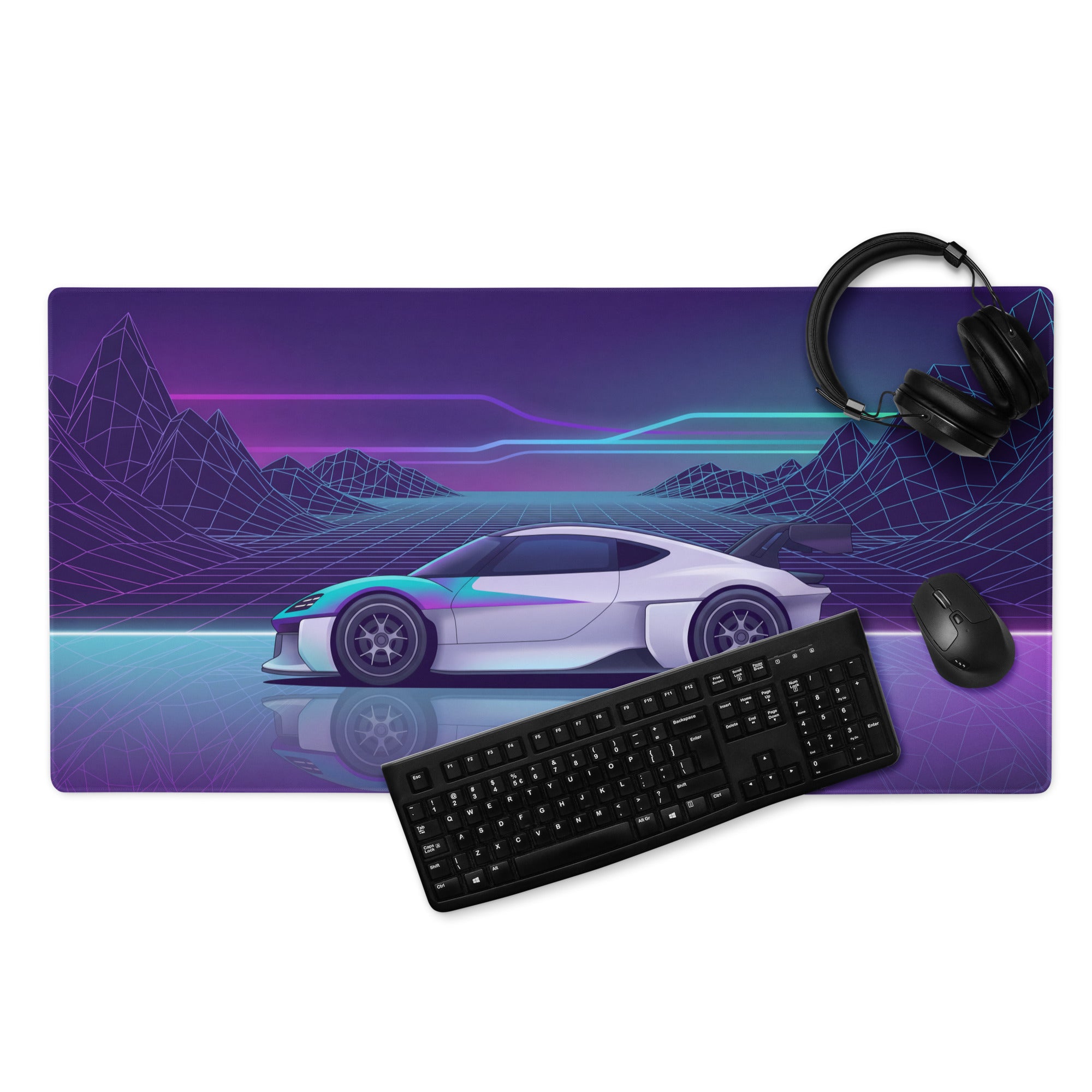 Porsche Mission R Inspired White Vaporwave Gaming Mouse Pad – Neon Purple Cyan Grid Desk Mat with Retro Futuristic Mountains and Synthwave Racing Art