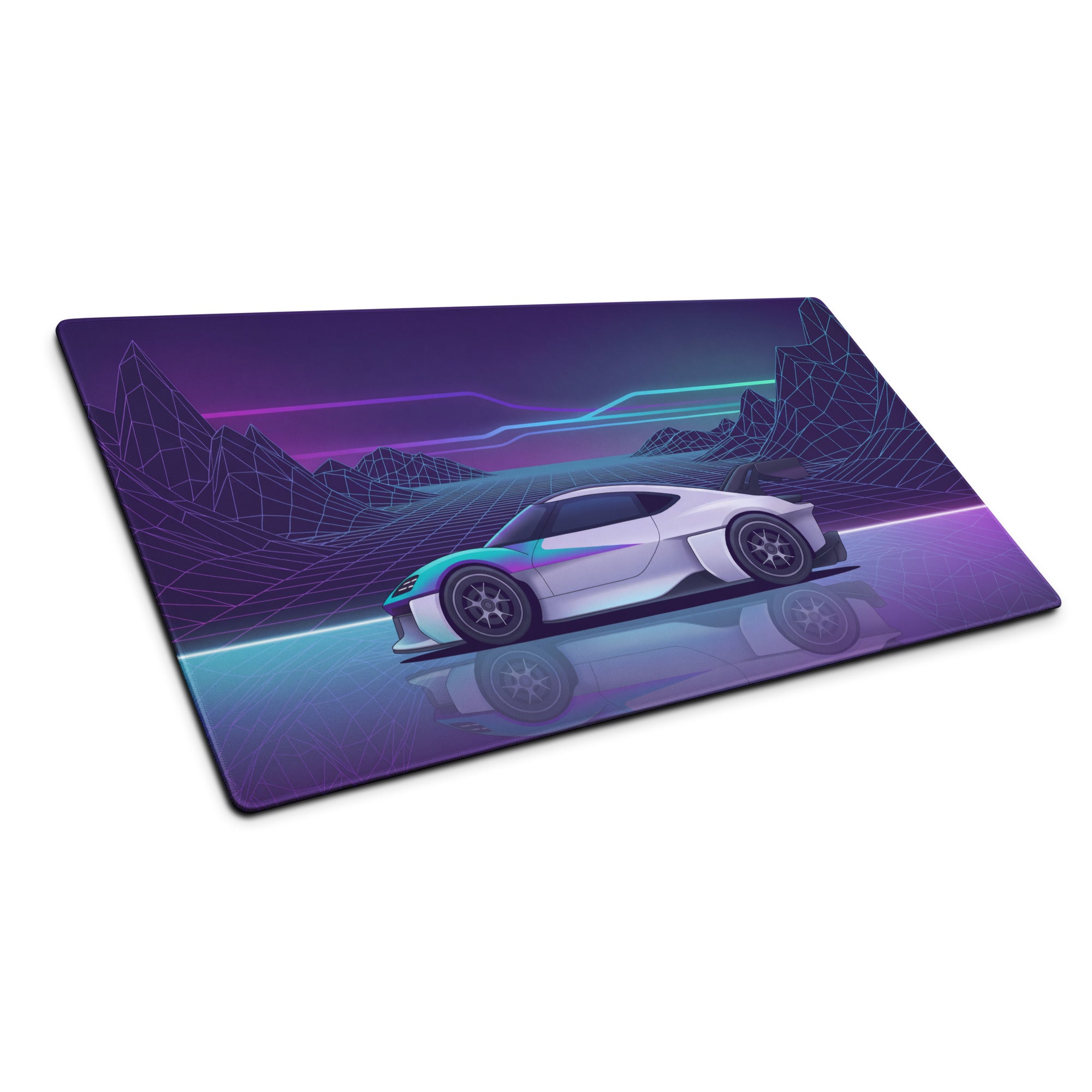Porsche Mission R Inspired White Vaporwave Gaming Mouse Pad – Neon Purple Cyan Grid Desk Mat with Retro Futuristic Mountains and Synthwave Racing Art