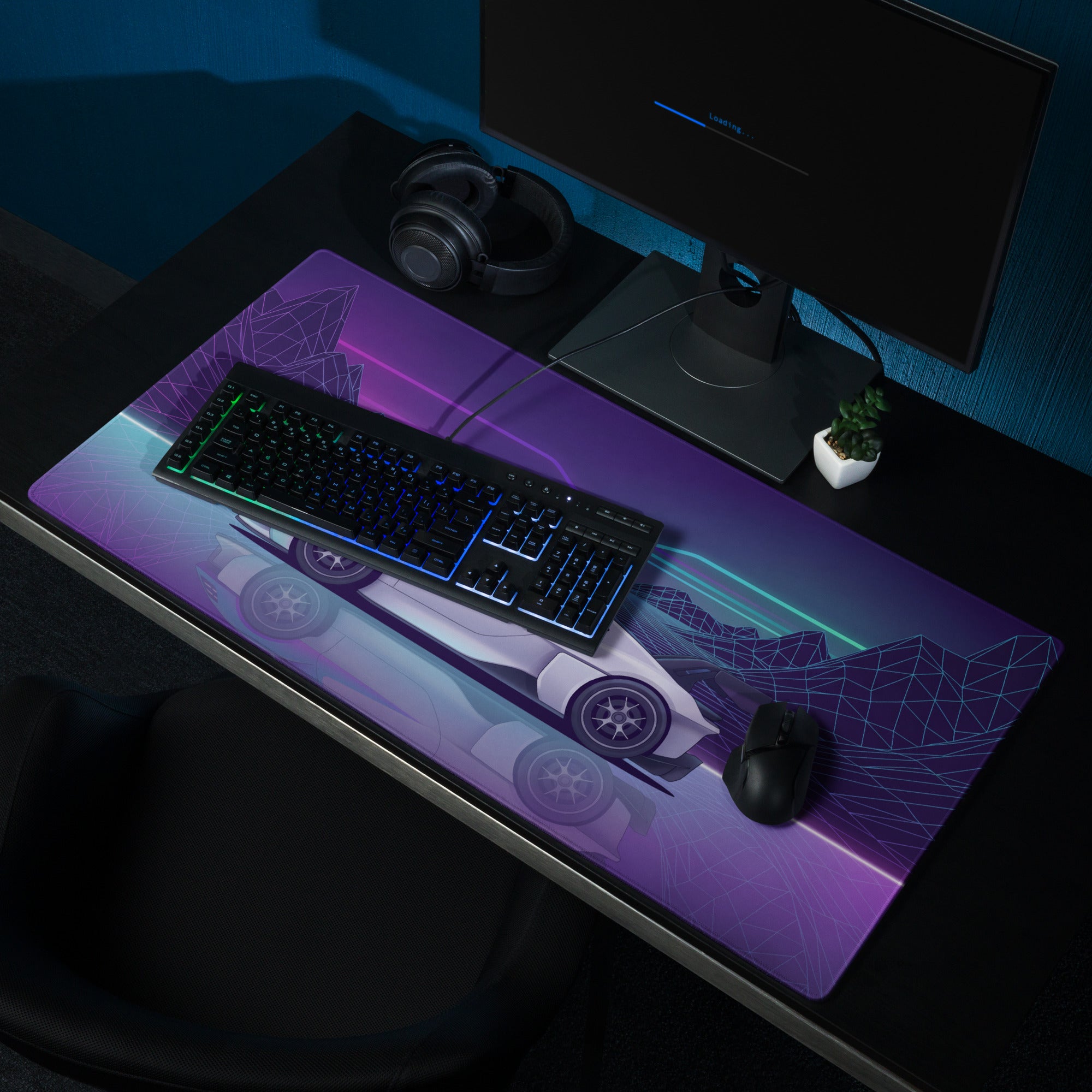 Porsche Mission R Inspired White Vaporwave Gaming Mouse Pad – Neon Purple Cyan Grid Desk Mat with Retro Futuristic Mountains and Synthwave Racing Art