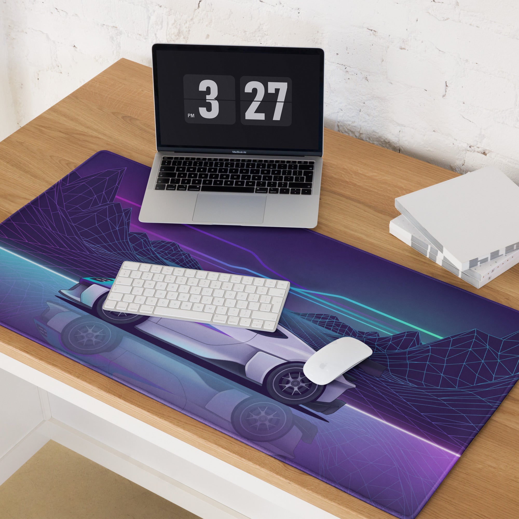 Porsche Mission R Inspired White Vaporwave Gaming Mouse Pad – Neon Purple Cyan Grid Desk Mat with Retro Futuristic Mountains and Synthwave Racing Art