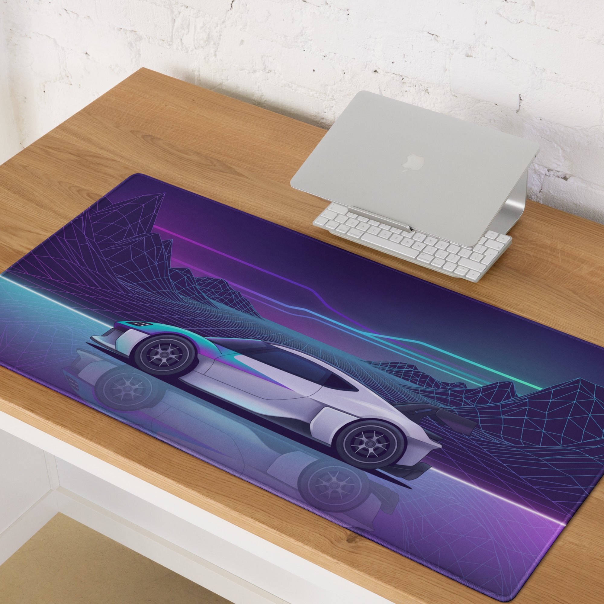 Porsche Mission R Inspired White Vaporwave Gaming Mouse Pad – Neon Purple Cyan Grid Desk Mat with Retro Futuristic Mountains and Synthwave Racing Art