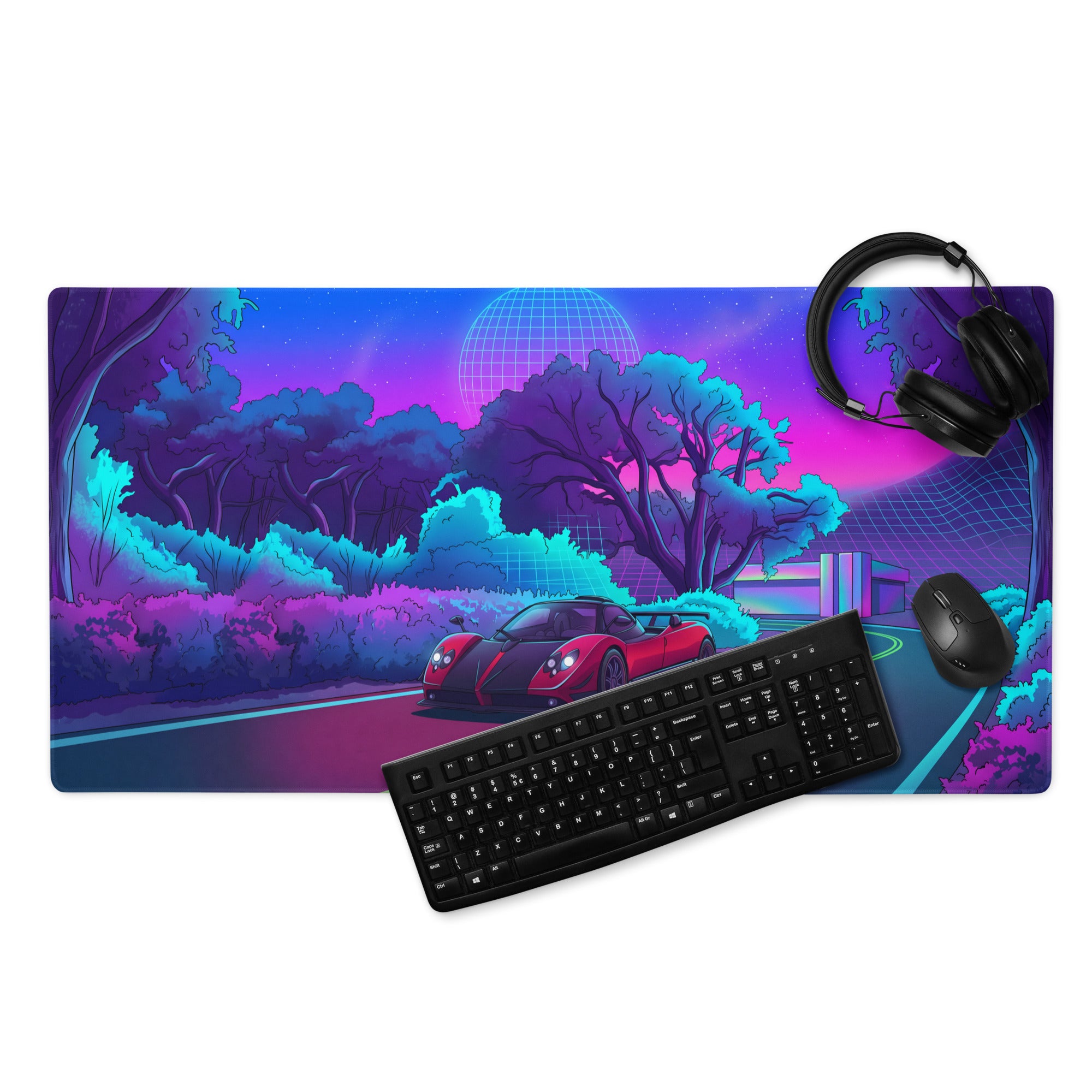 Pagani Zonda Inspired Red Black Vaporwave Gaming Mouse Pad – Neon Forest Road Desk Mat with Retro Futuristic Grid Landscape and Synthwave Night Art