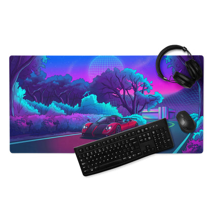 Pagani Zonda Inspired Red Black Vaporwave Gaming Mouse Pad – Neon Forest Road Desk Mat with Retro Futuristic Grid Landscape and Synthwave Night Art