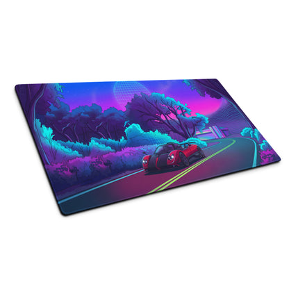 Pagani Zonda Inspired Red Black Vaporwave Gaming Mouse Pad – Neon Forest Road Desk Mat with Retro Futuristic Grid Landscape and Synthwave Night Art
