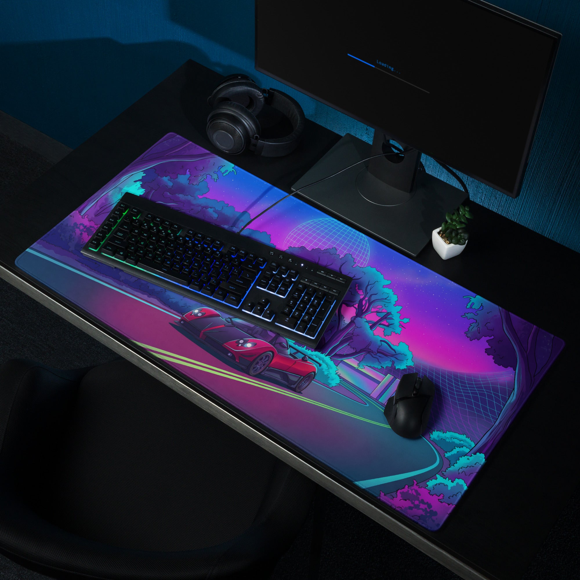 Pagani Zonda Inspired Red Black Vaporwave Gaming Mouse Pad – Neon Forest Road Desk Mat with Retro Futuristic Grid Landscape and Synthwave Night Art