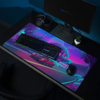 Pagani Zonda Inspired Red Black Vaporwave Gaming Mouse Pad – Neon Forest Road Desk Mat with Retro Futuristic Grid Landscape and Synthwave Night Art