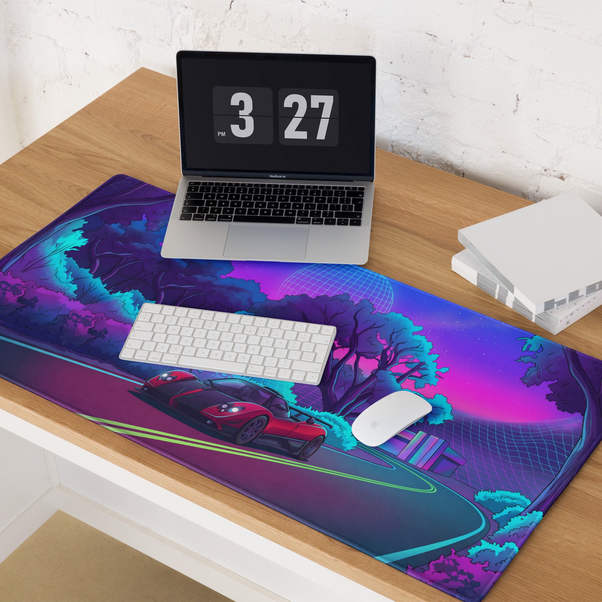 Pagani Zonda Inspired Red Black Vaporwave Gaming Mouse Pad – Neon Forest Road Desk Mat with Retro Futuristic Grid Landscape and Synthwave Night Art