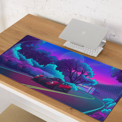 Pagani Zonda Inspired Red Black Vaporwave Gaming Mouse Pad – Neon Forest Road Desk Mat with Retro Futuristic Grid Landscape and Synthwave Night Art