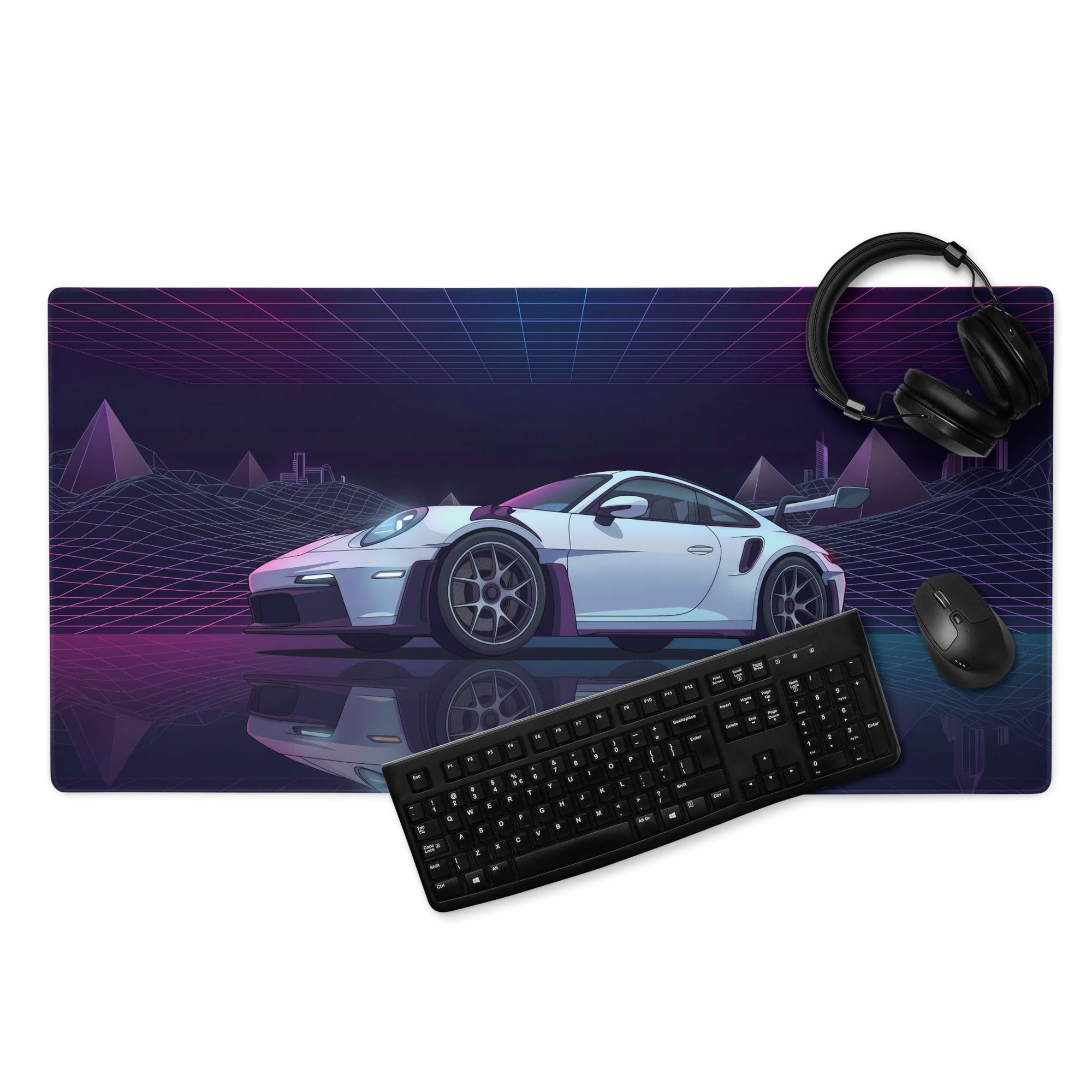 Porsche 911 GT3 RS Inspired White Vaporwave Gaming Mouse Pad – Neon Purple Grid Desk Mat with Retro Futuristic Mountains and Synthwave Racing Art