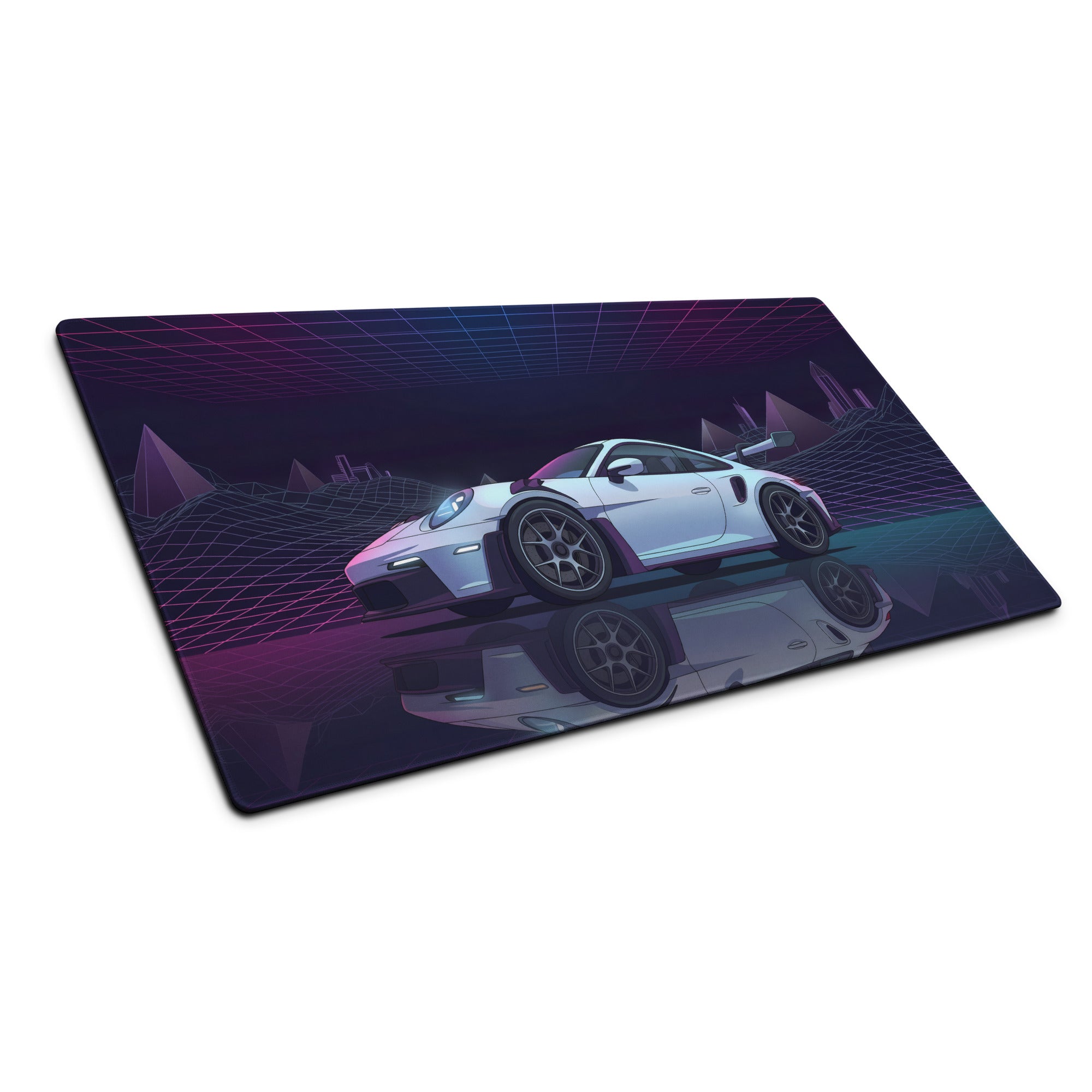 Porsche 911 GT3 RS Inspired White Vaporwave Gaming Mouse Pad – Neon Purple Grid Desk Mat with Retro Futuristic Mountains and Synthwave Racing Art