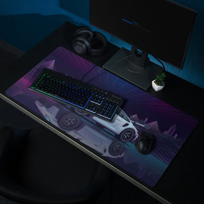 Porsche 911 GT3 RS Inspired White Vaporwave Gaming Mouse Pad – Neon Purple Grid Desk Mat with Retro Futuristic Mountains and Synthwave Racing Art