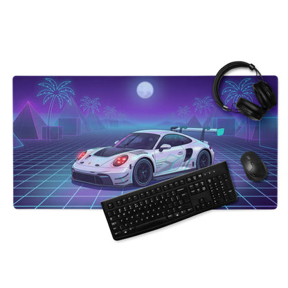 Porsche 911 GT3 R Inspired White Vaporwave Gaming Mouse Pad – Neon Cyan Purple Grid Desk Mat with Palm Trees, Moonlight and Retro Synthwave Racing Art
