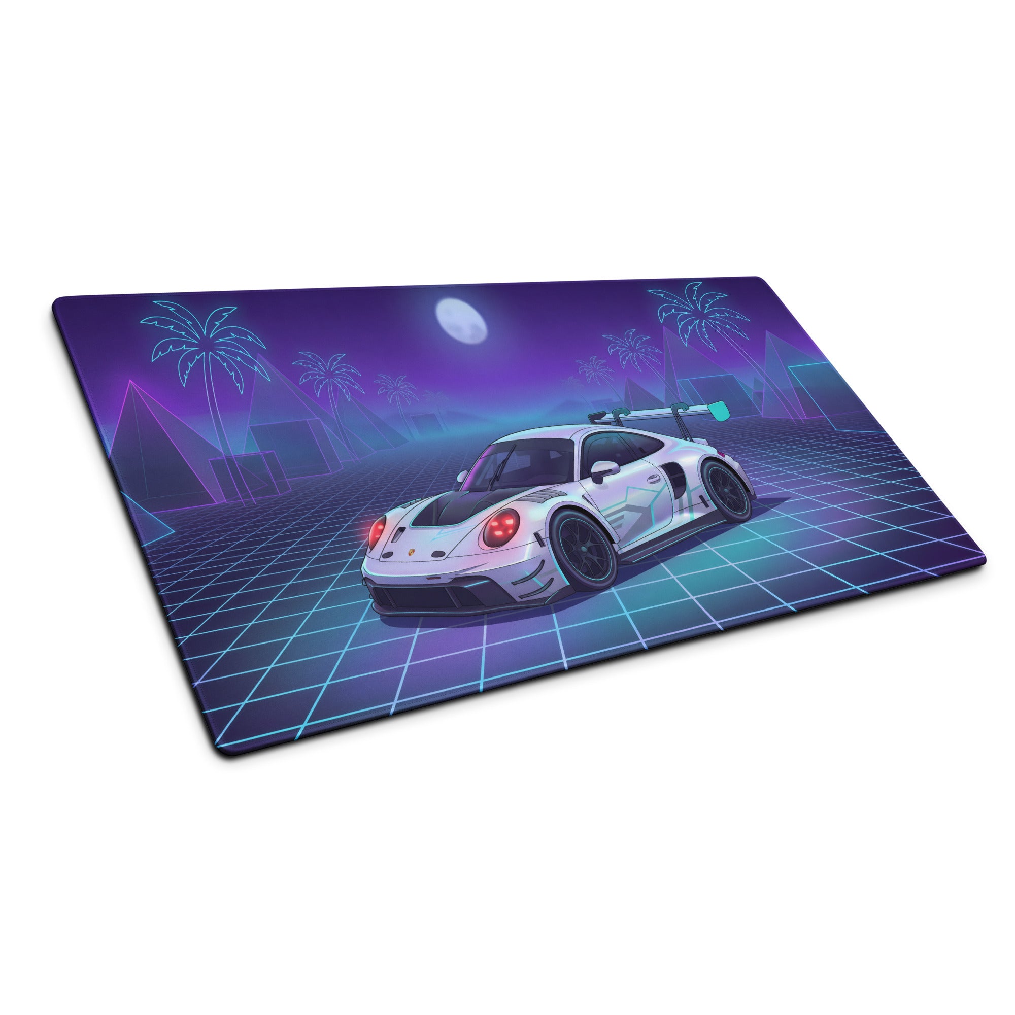 Porsche 911 GT3 R Inspired White Vaporwave Gaming Mouse Pad – Neon Cyan Purple Grid Desk Mat with Palm Trees, Moonlight and Retro Synthwave Racing Art
