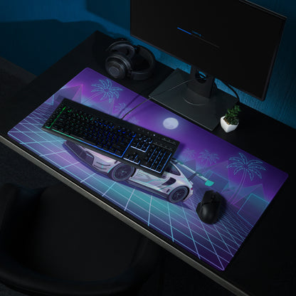 Porsche 911 GT3 R Inspired White Vaporwave Gaming Mouse Pad – Neon Cyan Purple Grid Desk Mat with Palm Trees, Moonlight and Retro Synthwave Racing Art
