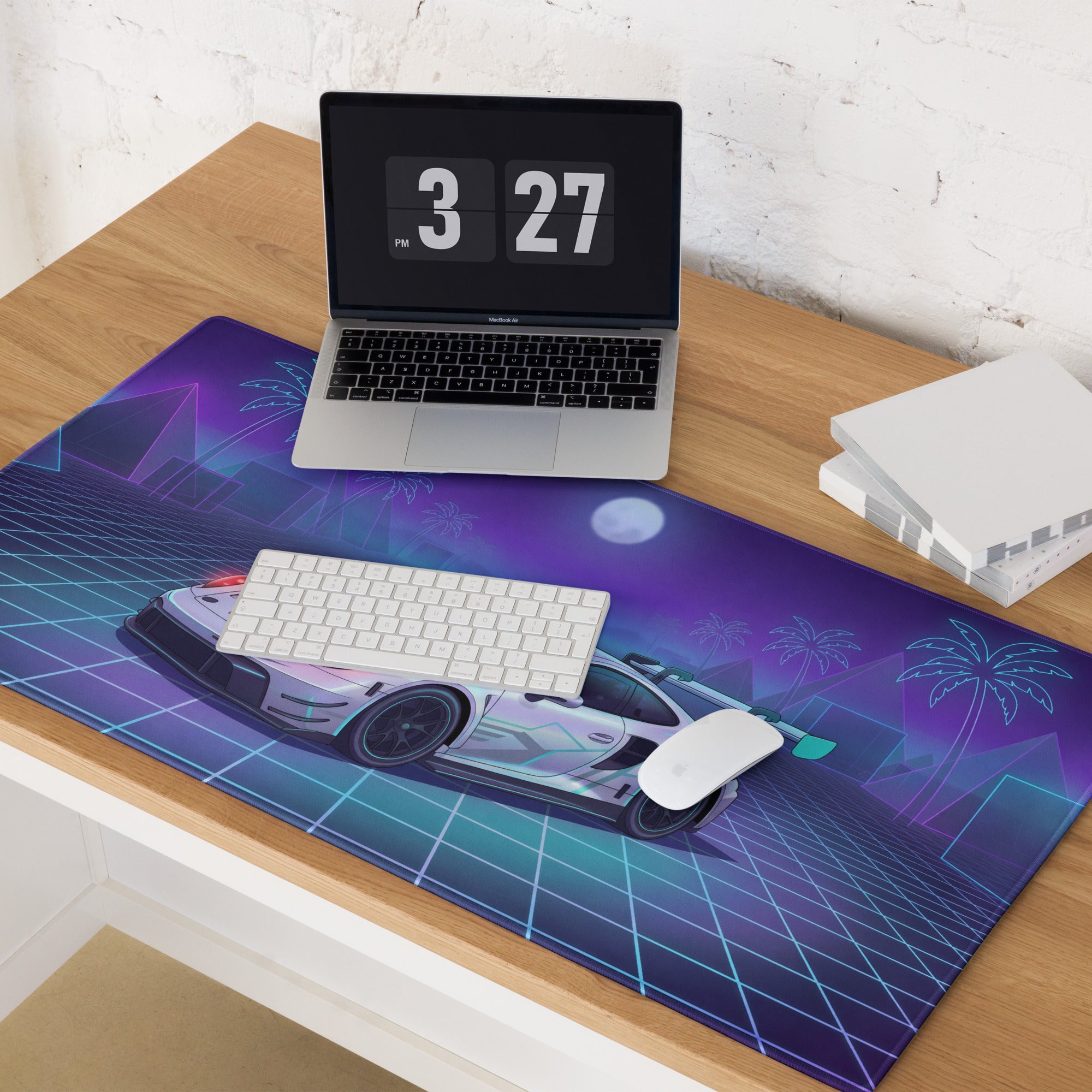 Porsche 911 GT3 R Inspired White Vaporwave Gaming Mouse Pad – Neon Cyan Purple Grid Desk Mat with Palm Trees, Moonlight and Retro Synthwave Racing Art