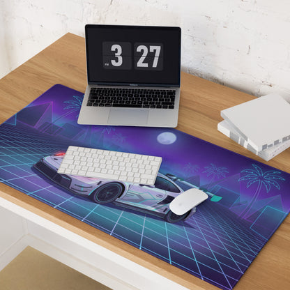 Porsche 911 GT3 R Inspired White Vaporwave Gaming Mouse Pad – Neon Cyan Purple Grid Desk Mat with Palm Trees, Moonlight and Retro Synthwave Racing Art