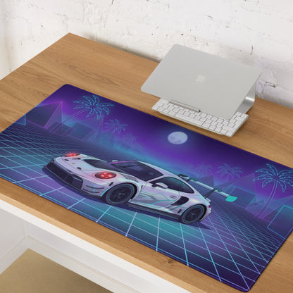 Porsche 911 GT3 R Inspired White Vaporwave Gaming Mouse Pad – Neon Cyan Purple Grid Desk Mat with Palm Trees, Moonlight and Retro Synthwave Racing Art