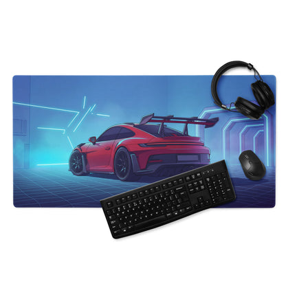 Porsche 911 GT3 RS Inspired Red Vaporwave Gaming Mouse Pad – Neon Cyan Futuristic Tunnel Desk Mat with Retro Grid, Moody Night and Synthwave Racing Art