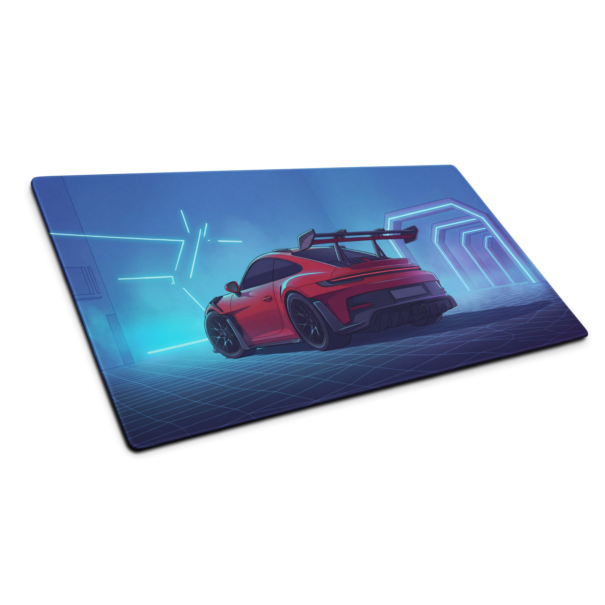 Porsche 911 GT3 RS Inspired Red Vaporwave Gaming Mouse Pad – Neon Cyan Futuristic Tunnel Desk Mat with Retro Grid, Moody Night and Synthwave Racing Art