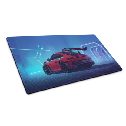 Porsche 911 GT3 RS Inspired Red Vaporwave Gaming Mouse Pad – Neon Cyan Futuristic Tunnel Desk Mat with Retro Grid, Moody Night and Synthwave Racing Art