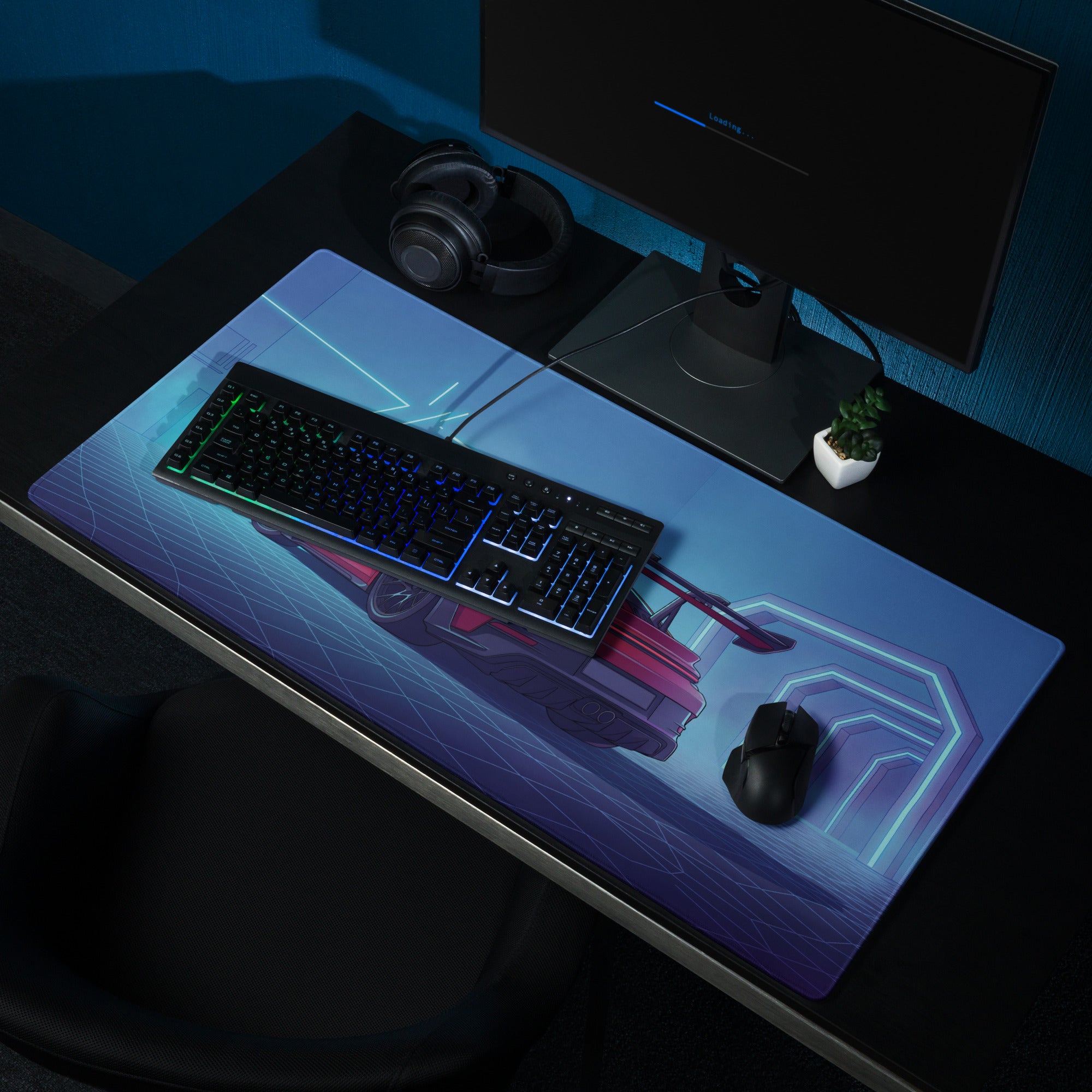 Porsche 911 GT3 RS Inspired Red Vaporwave Gaming Mouse Pad – Neon Cyan Futuristic Tunnel Desk Mat with Retro Grid, Moody Night and Synthwave Racing Art