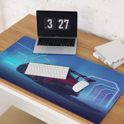 Porsche 911 GT3 RS Inspired Red Vaporwave Gaming Mouse Pad – Neon Cyan Futuristic Tunnel Desk Mat with Retro Grid, Moody Night and Synthwave Racing Art