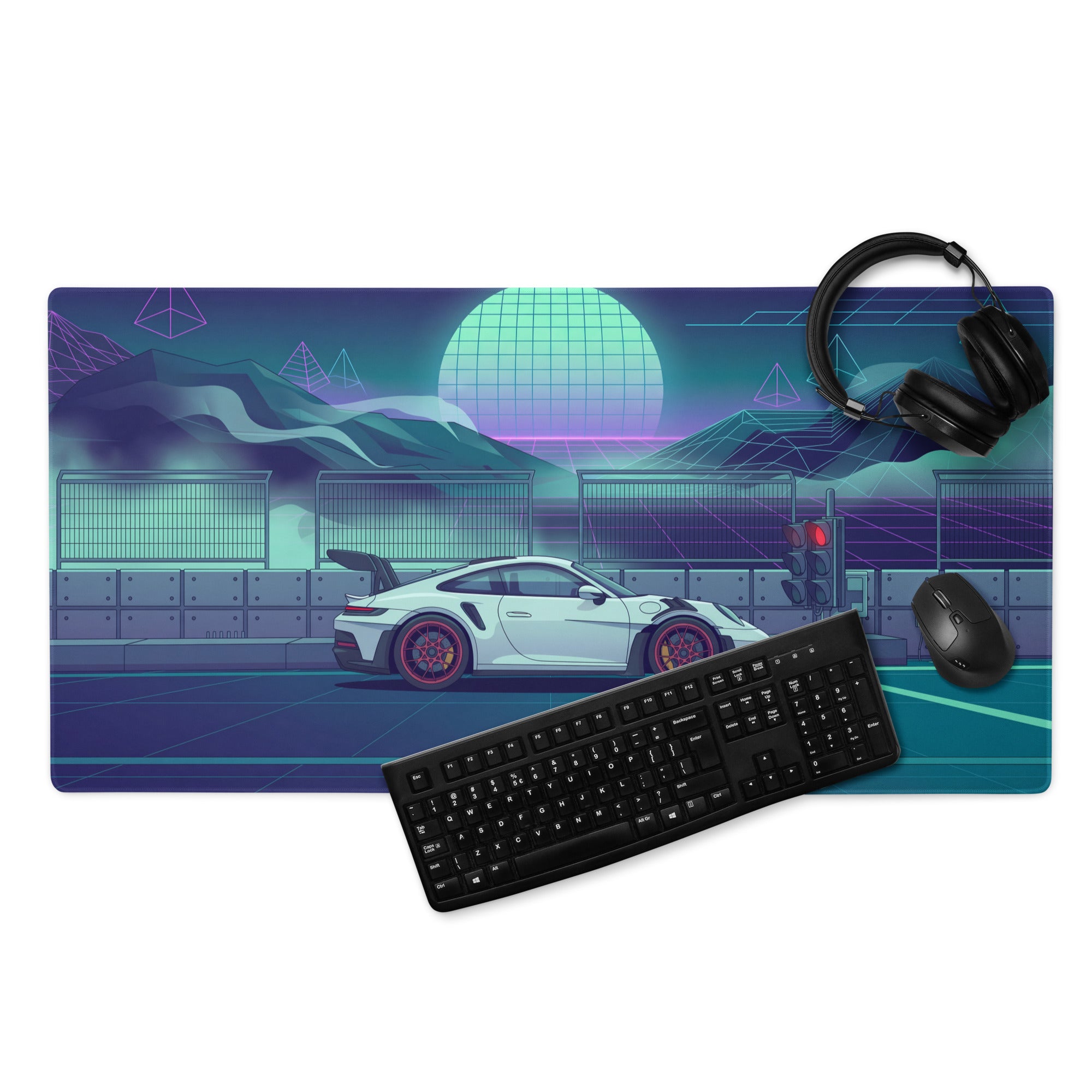 Porsche 911 GT3 RS Inspired White Vaporwave Gaming Mouse Pad – Neon Teal Racetrack Desk Mat with Retro Futuristic Mountains and Synthwave Sunset Art