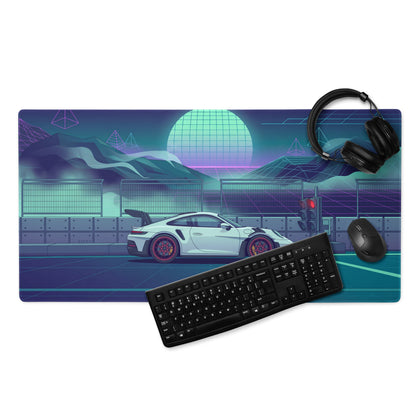 Porsche 911 GT3 RS Inspired White Vaporwave Gaming Mouse Pad – Neon Teal Racetrack Desk Mat with Retro Futuristic Mountains and Synthwave Sunset Art