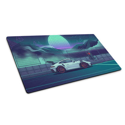 Porsche 911 GT3 RS Inspired White Vaporwave Gaming Mouse Pad – Neon Teal Racetrack Desk Mat with Retro Futuristic Mountains and Synthwave Sunset Art