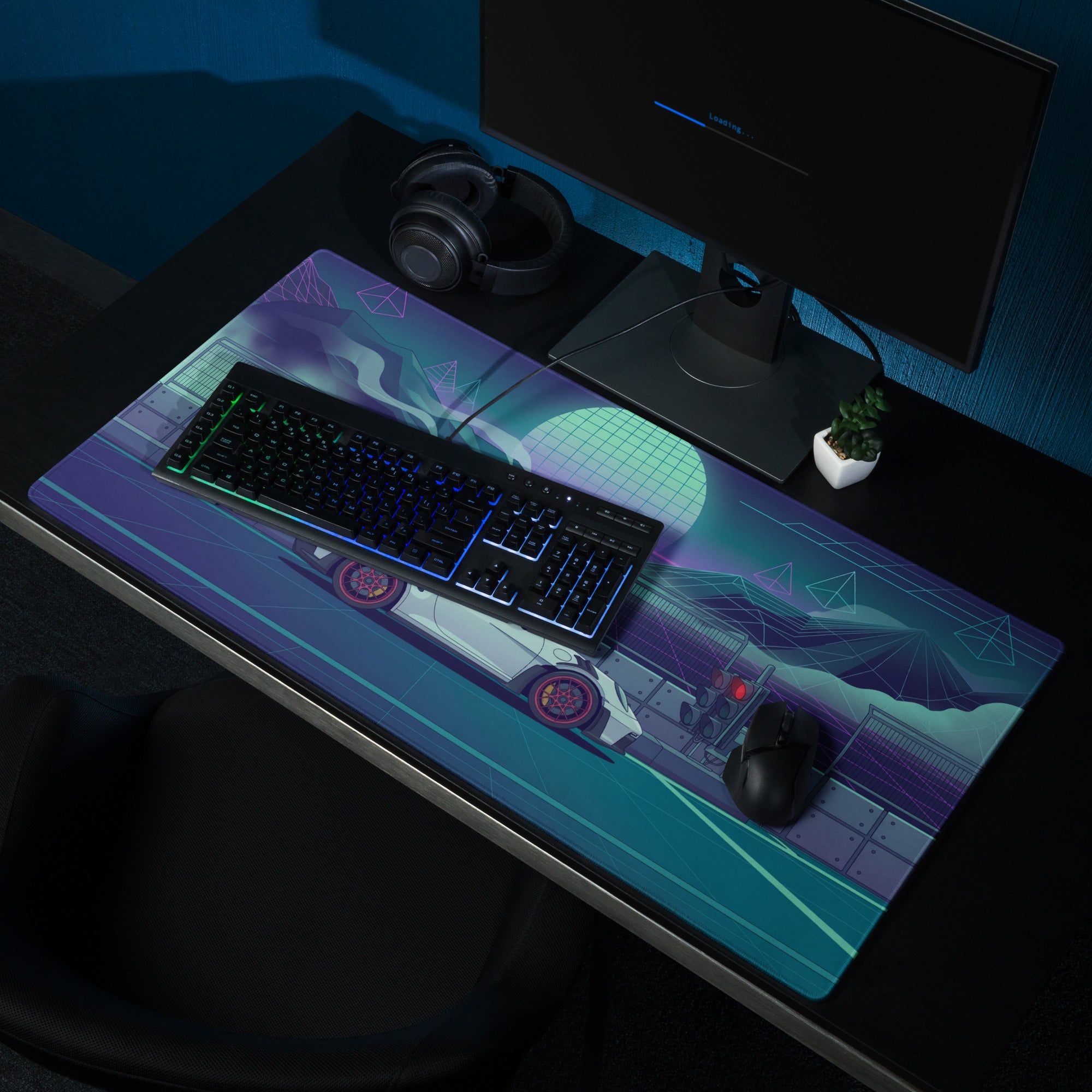 Porsche 911 GT3 RS Inspired White Vaporwave Gaming Mouse Pad – Neon Teal Racetrack Desk Mat with Retro Futuristic Mountains and Synthwave Sunset Art