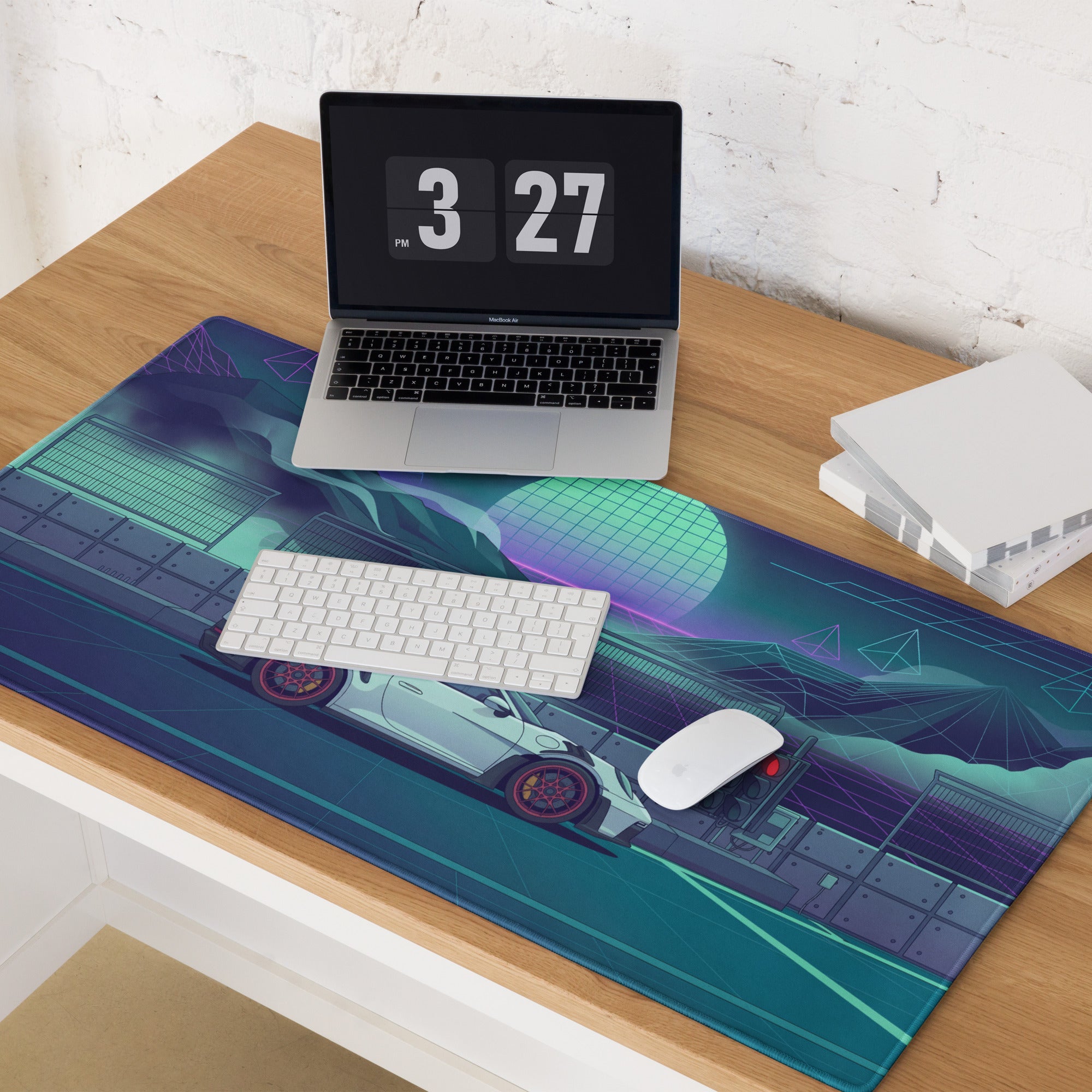 Porsche 911 GT3 RS Inspired White Vaporwave Gaming Mouse Pad – Neon Teal Racetrack Desk Mat with Retro Futuristic Mountains and Synthwave Sunset Art