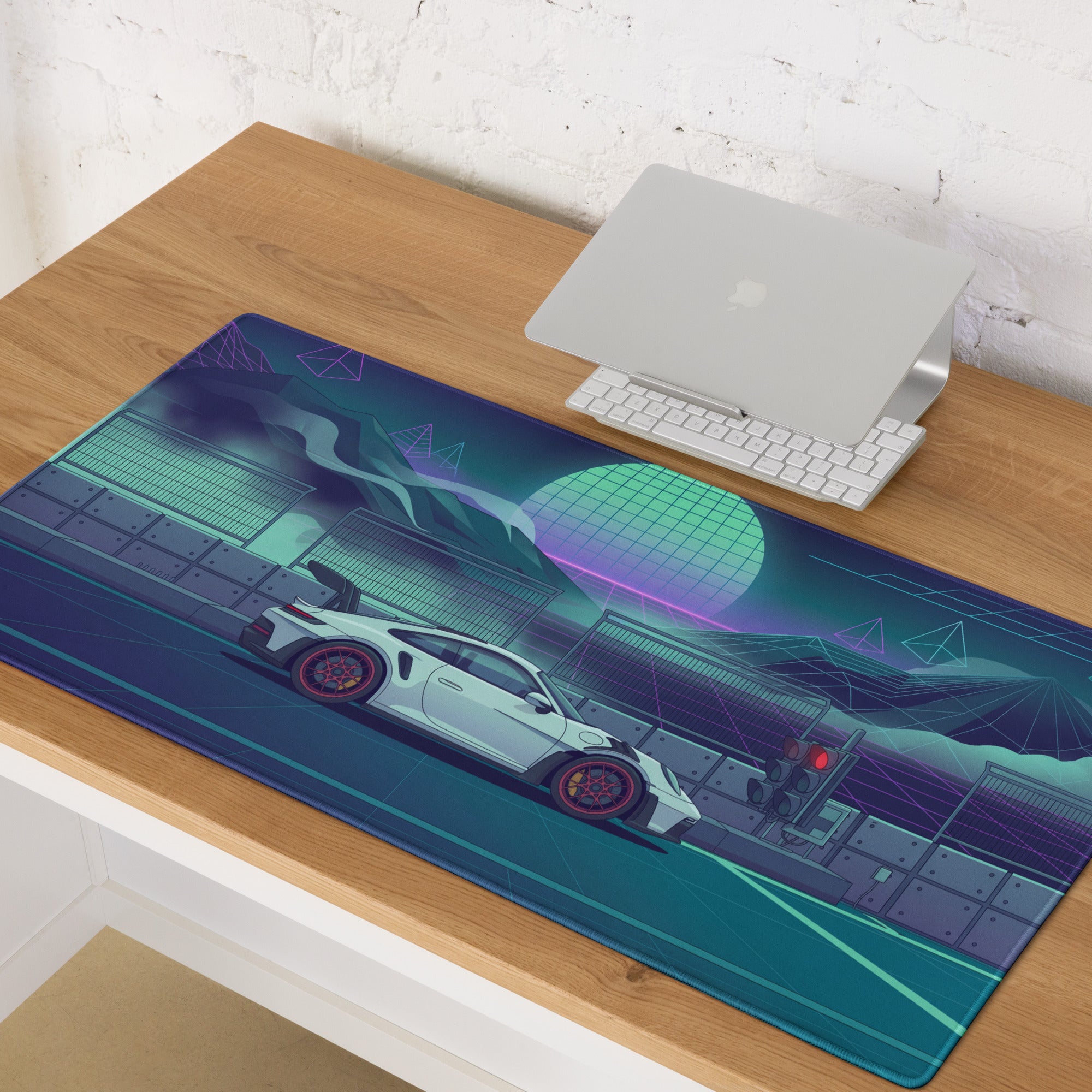 Porsche 911 GT3 RS Inspired White Vaporwave Gaming Mouse Pad – Neon Teal Racetrack Desk Mat with Retro Futuristic Mountains and Synthwave Sunset Art