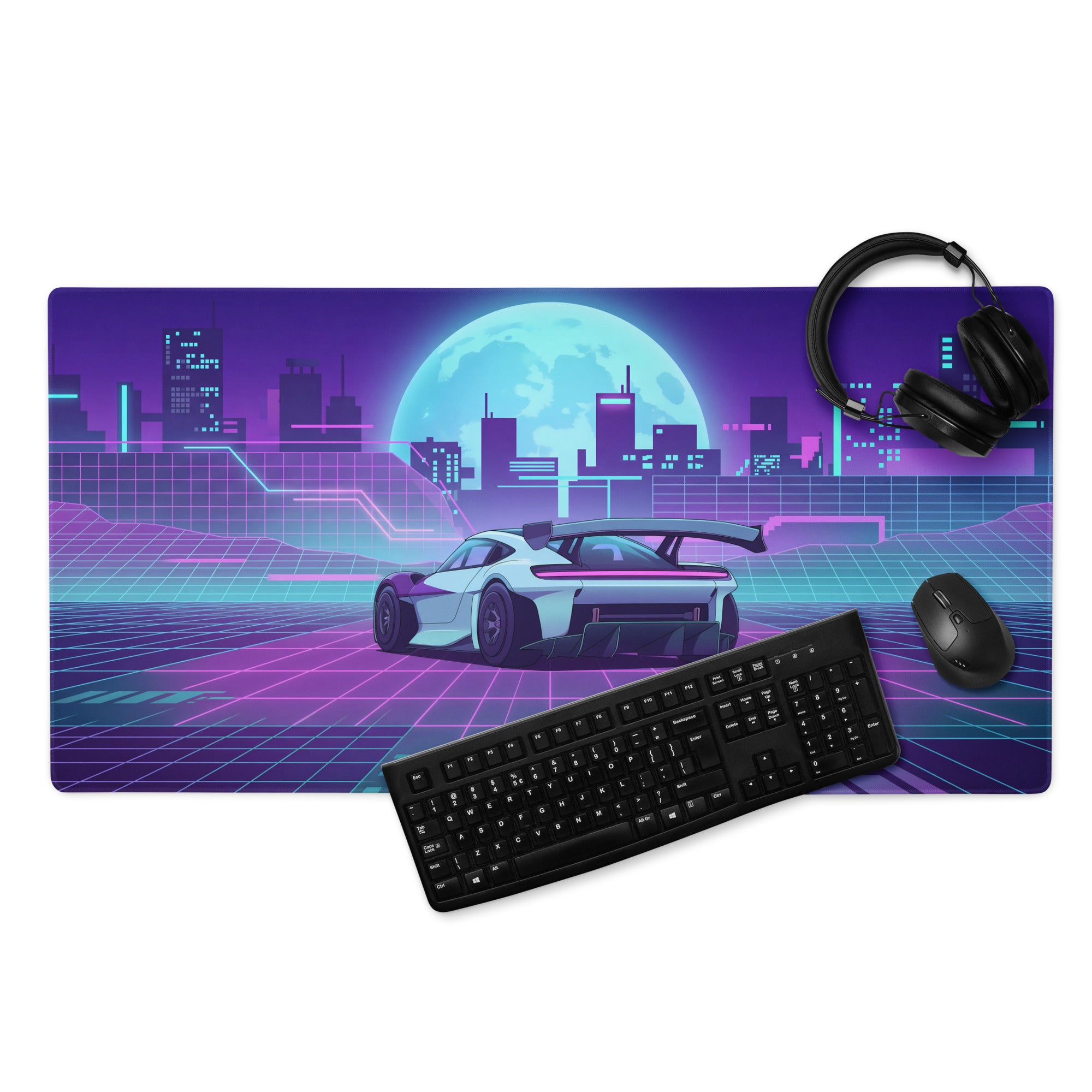 Porsche Mission R Inspired White Vaporwave Gaming Mouse Pad – Neon Pink Cyan City Grid Desk Mat with Full Moon and Retro Futuristic Synthwave Art