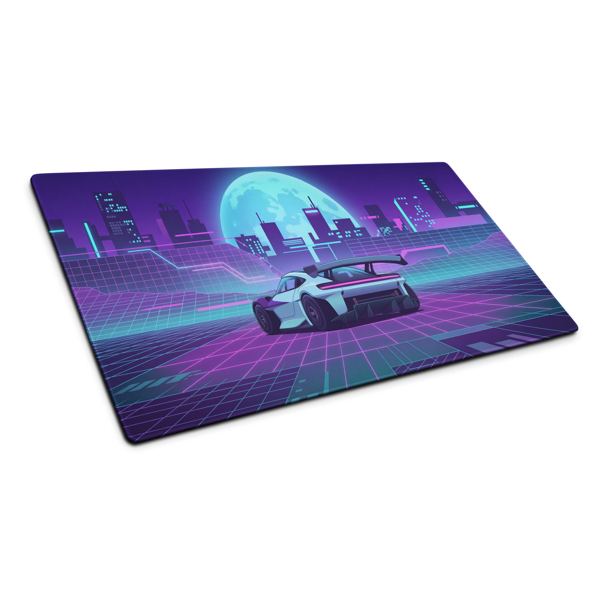 Porsche Mission R Inspired White Vaporwave Gaming Mouse Pad – Neon Pink Cyan City Grid Desk Mat with Full Moon and Retro Futuristic Synthwave Art