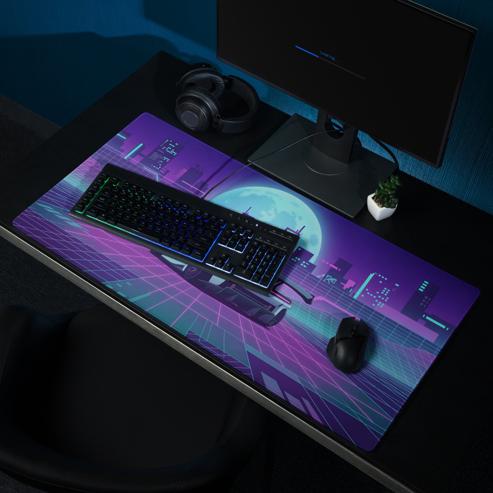 Porsche Mission R Inspired White Vaporwave Gaming Mouse Pad – Neon Pink Cyan City Grid Desk Mat with Full Moon and Retro Futuristic Synthwave Art