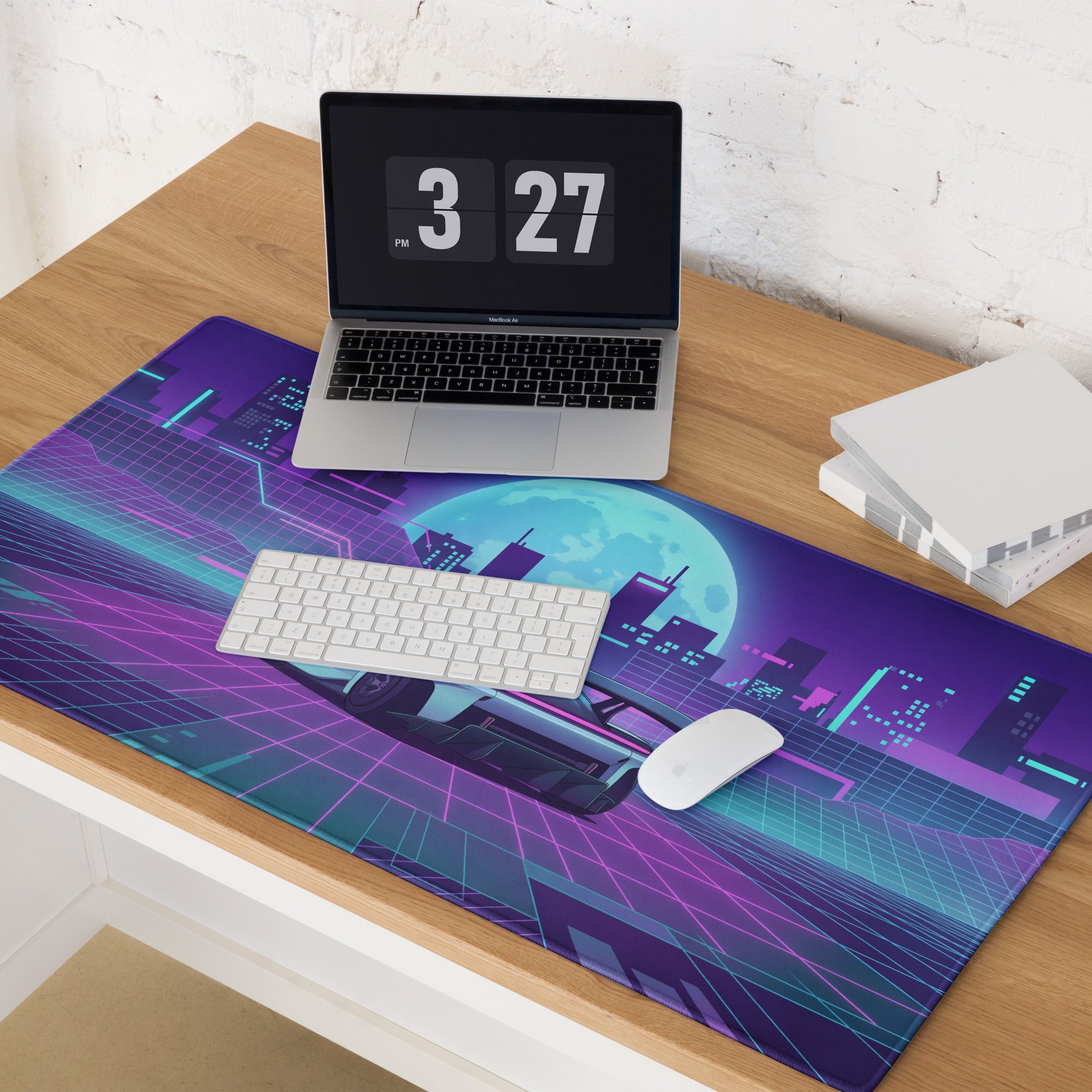 Porsche Mission R Inspired White Vaporwave Gaming Mouse Pad – Neon Pink Cyan City Grid Desk Mat with Full Moon and Retro Futuristic Synthwave Art