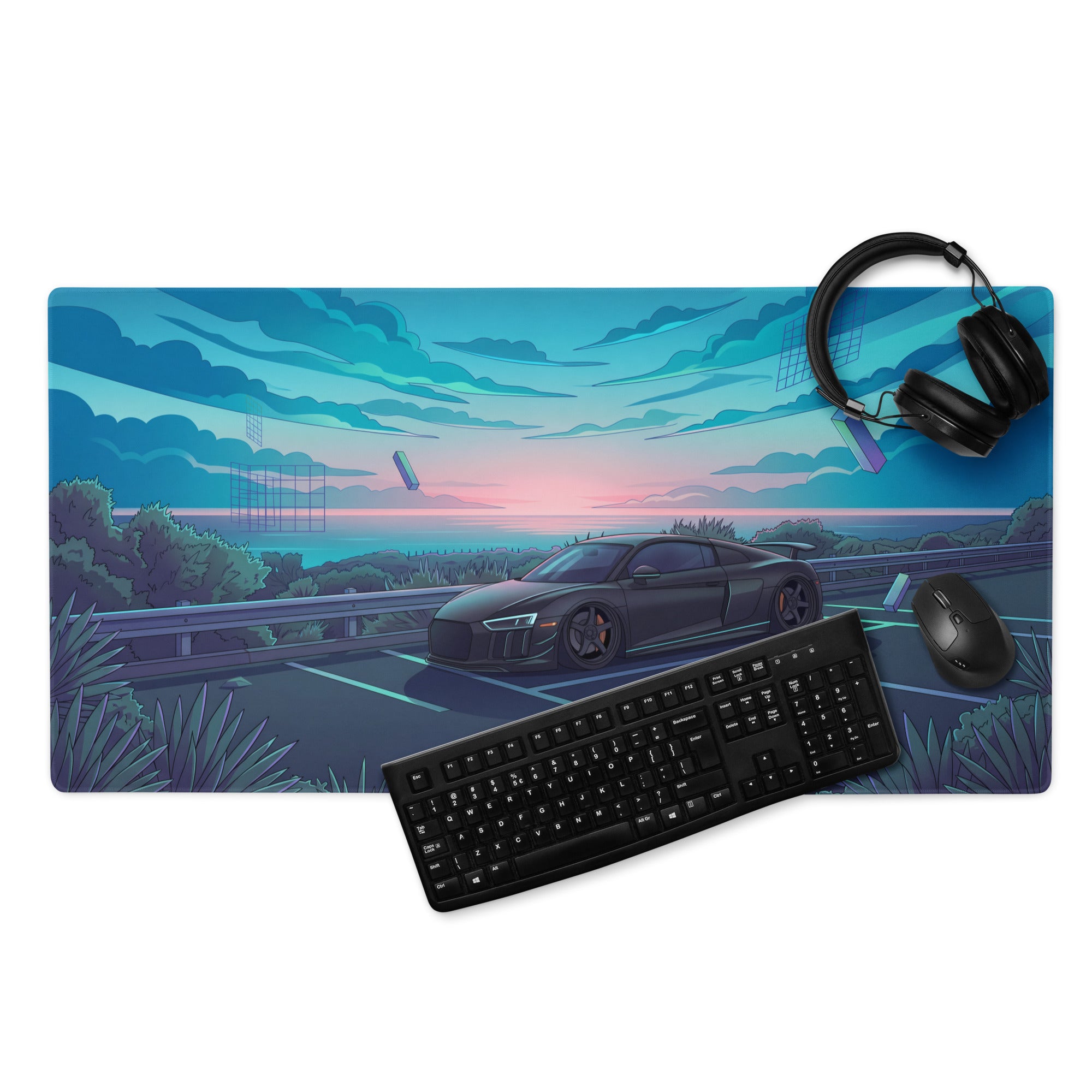 Audi R8 Inspired Matte Black Vaporwave Gaming Mouse Pad – Neon Cyan Coastal Highway Desk Mat with Dreamy Retro Futuristic Sunset and Synthwave Art