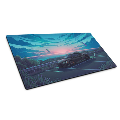 Audi R8 Inspired Matte Black Vaporwave Gaming Mouse Pad – Neon Cyan Coastal Highway Desk Mat with Dreamy Retro Futuristic Sunset and Synthwave Art