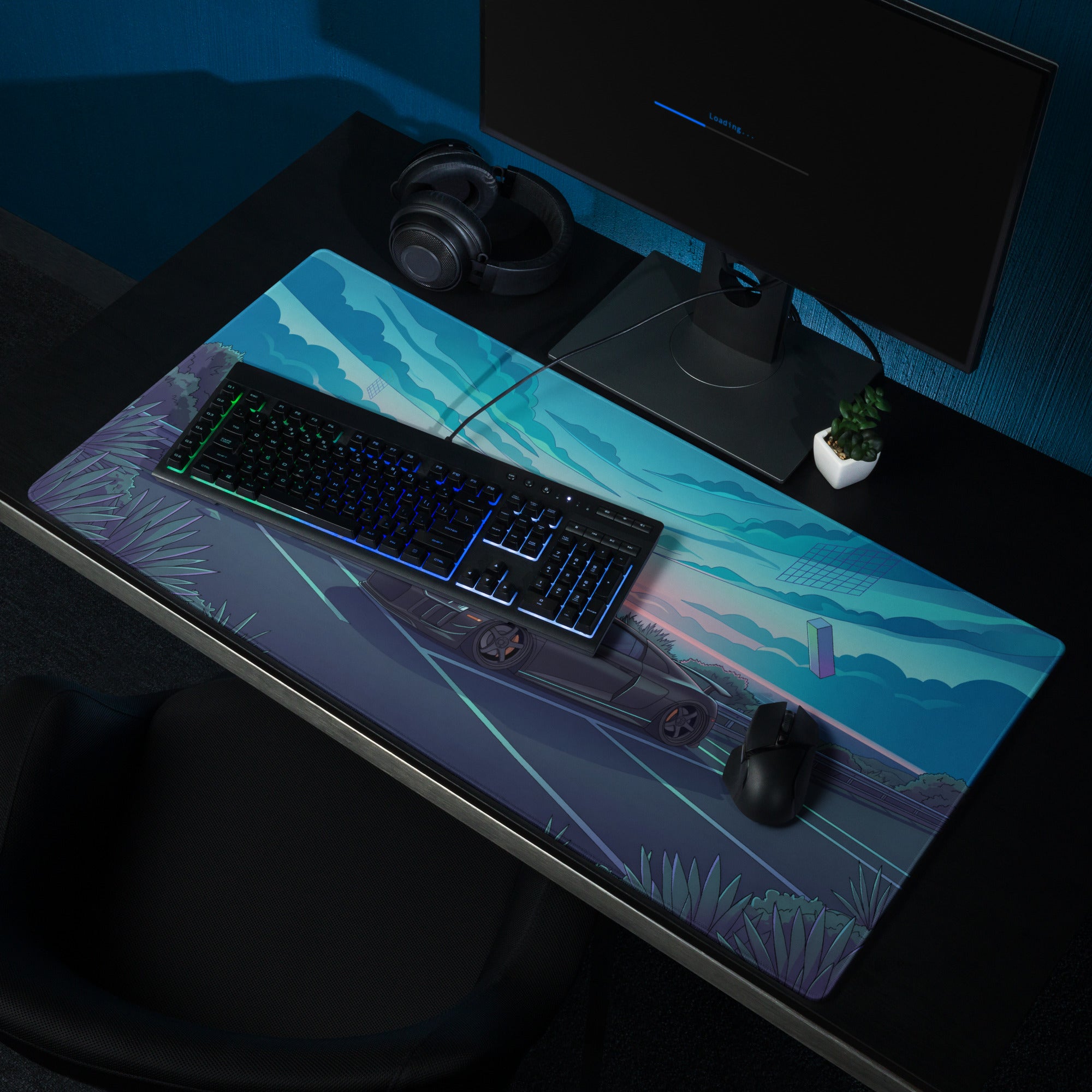 Audi R8 Inspired Matte Black Vaporwave Gaming Mouse Pad – Neon Cyan Coastal Highway Desk Mat with Dreamy Retro Futuristic Sunset and Synthwave Art