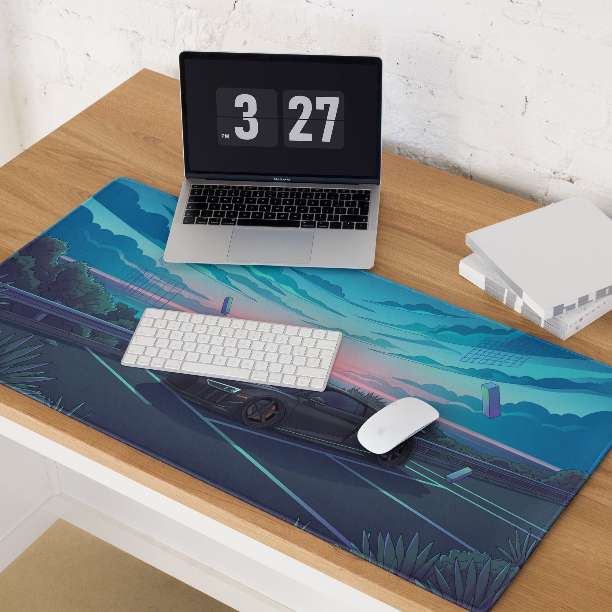 Audi R8 Inspired Matte Black Vaporwave Gaming Mouse Pad – Neon Cyan Coastal Highway Desk Mat with Dreamy Retro Futuristic Sunset and Synthwave Art