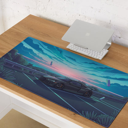 Audi R8 Inspired Matte Black Vaporwave Gaming Mouse Pad – Neon Cyan Coastal Highway Desk Mat with Dreamy Retro Futuristic Sunset and Synthwave Art