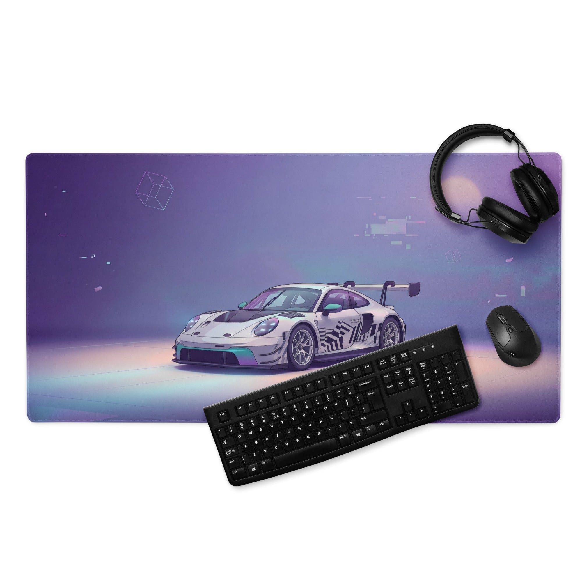 Porsche 911 GT3 R Inspired White Vaporwave Gaming Mouse Pad – Pastel Purple Futuristic Desk Mat with Abstract Glitch Art and Dreamy Synthwave Atmosphere
