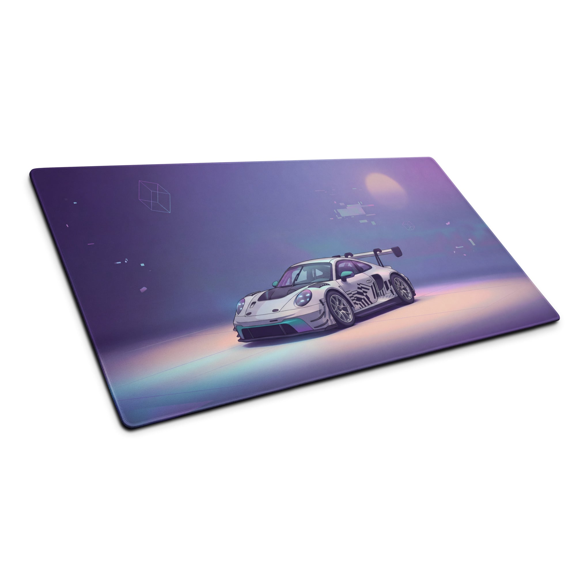 Porsche 911 GT3 R Inspired White Vaporwave Gaming Mouse Pad – Pastel Purple Futuristic Desk Mat with Abstract Glitch Art and Dreamy Synthwave Atmosphere