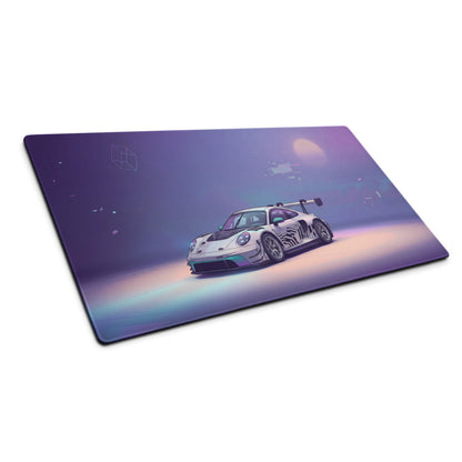 Porsche 911 GT3 R Inspired White Vaporwave Gaming Mouse Pad – Pastel Purple Futuristic Desk Mat with Abstract Glitch Art and Dreamy Synthwave Atmosphere