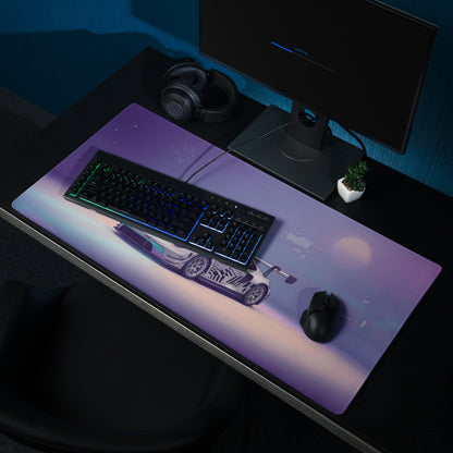 Porsche 911 GT3 R Inspired White Vaporwave Gaming Mouse Pad – Pastel Purple Futuristic Desk Mat with Abstract Glitch Art and Dreamy Synthwave Atmosphere